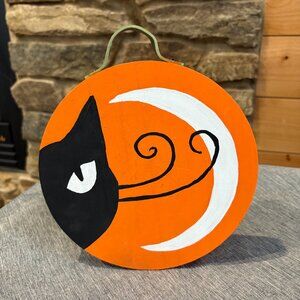 Hand Painted OOAK Halloween Wall Decor Black Cat on Round Wood Cutout